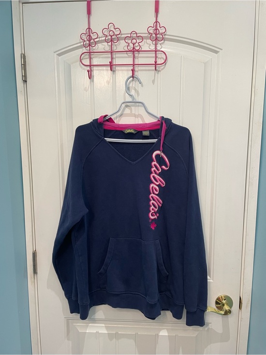 Cabela's Sweaters - Cabela's Navy Blue V-Neck Hooded Sweatshirt with Pink Logo